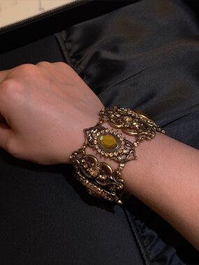 Vintage Antique Brass Wide Stretch Cuff Bracelet Yellow Acrylic Stones